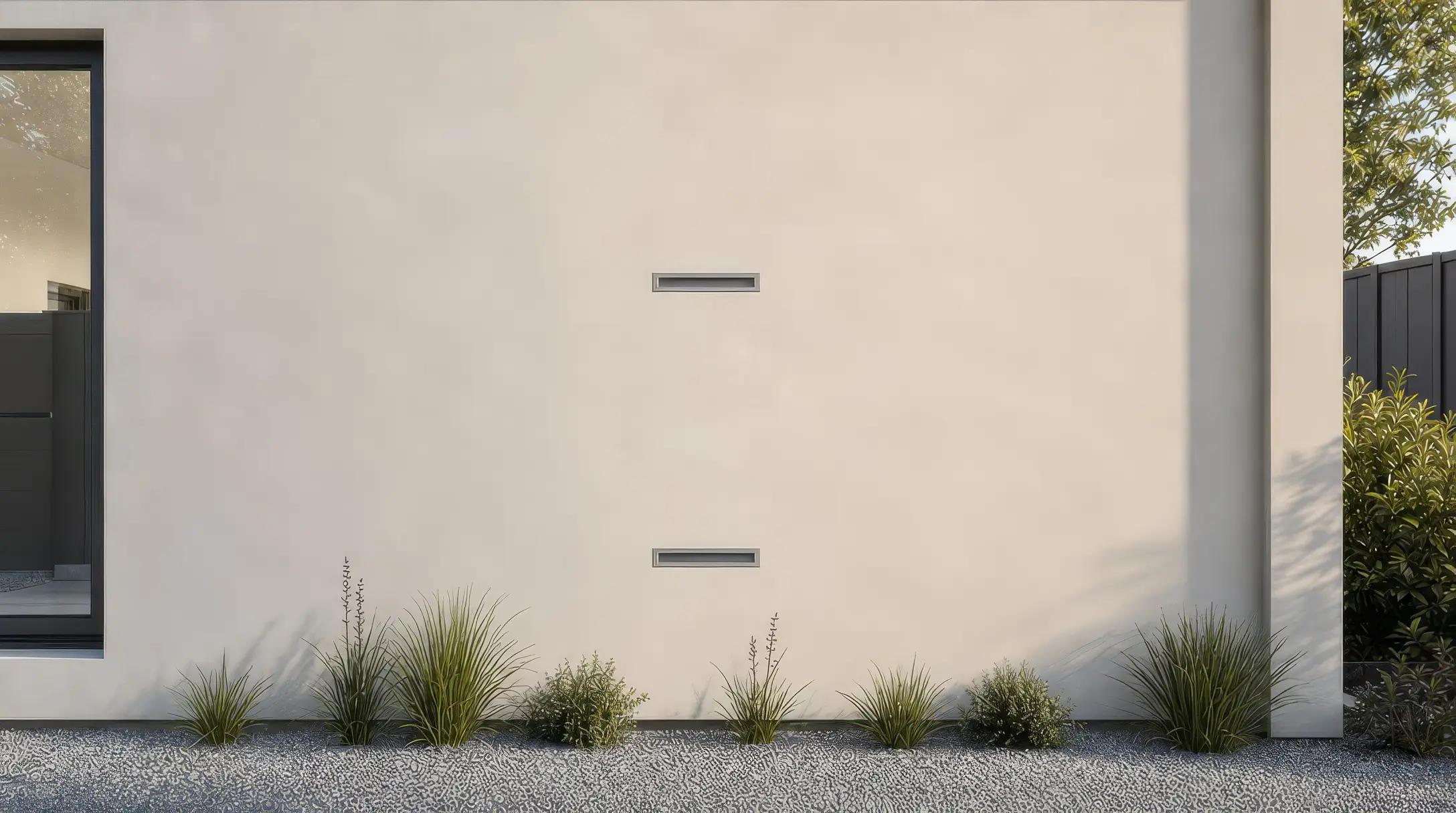 The exterior wall of the garage — only two slim vents are visible.